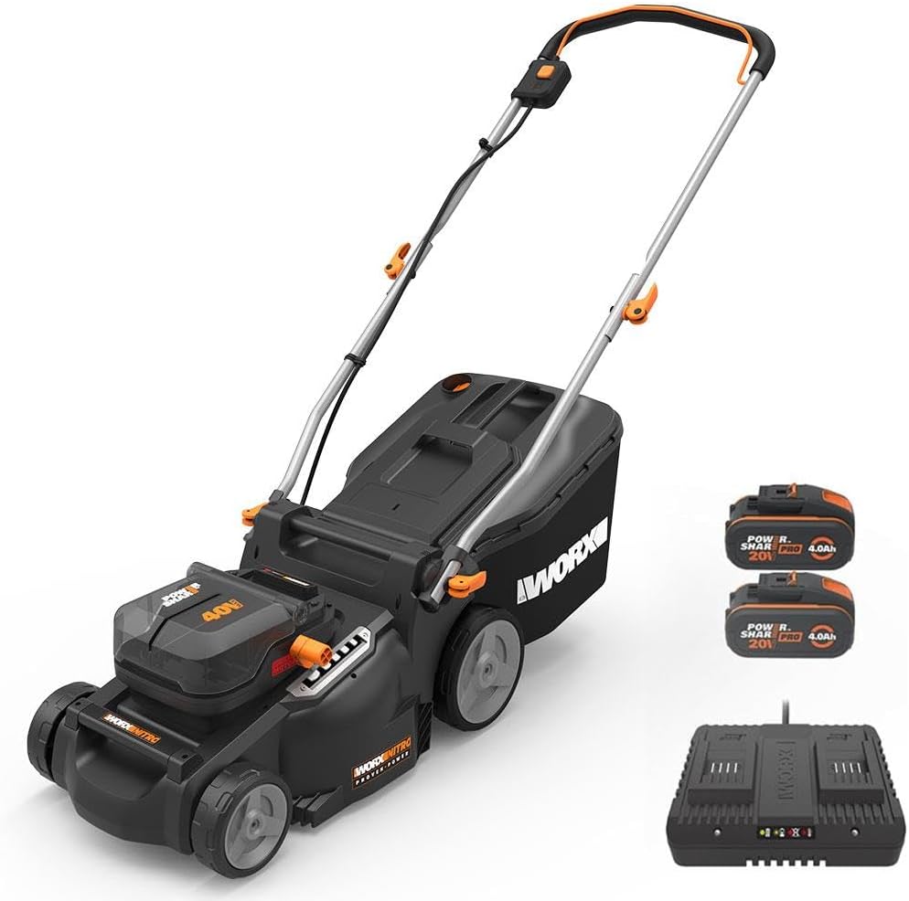 WORX WG737E 40V Cordless Lawnmower, Max Surface 600 m², 37 cm Blade, 40L Bag, Cut to Edges, 6 Cutting Heights, Comes with 2 x 4Ah Batteries and Double Fast Charger