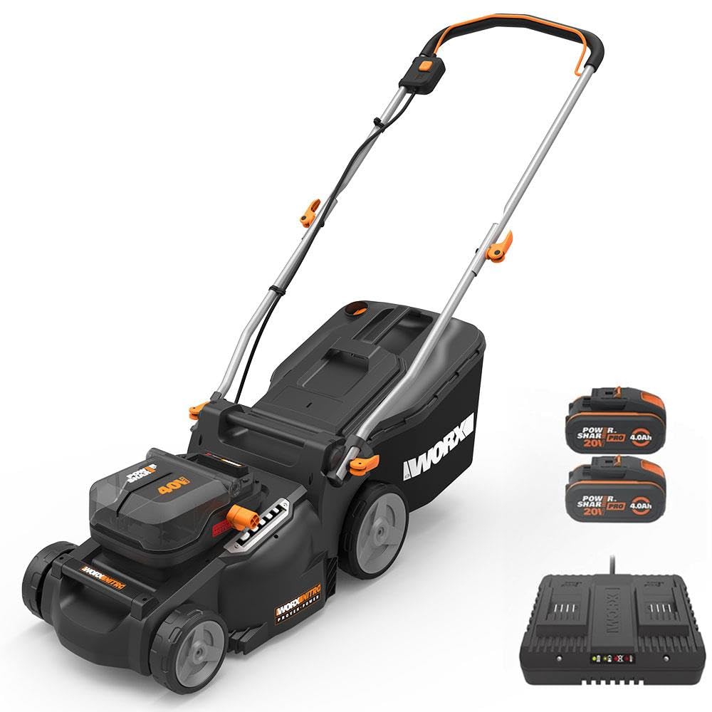WORX WG749E 40V Brushless Cordless Self-Propelled Lawnmower, Up to 500 m² on a Charge, Diam. 46 cm, Cuts to Edges, 55 L Bag, Mulching, Comes with 2 x 4Ah Batteries and Charger