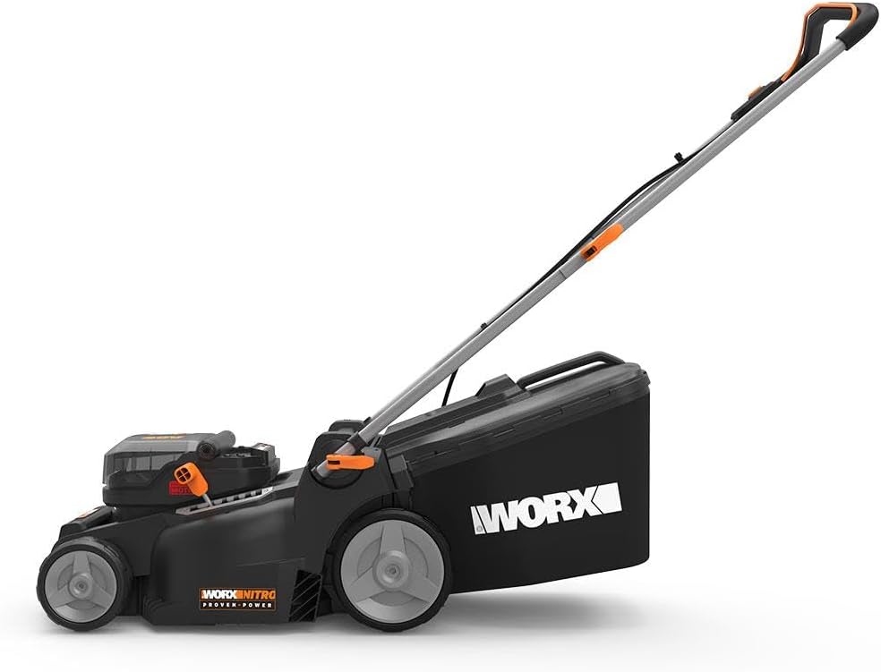 WORX WG737E 40V Cordless Lawnmower, Max Surface 600 m², 37 cm Blade, 40L Bag, Cut to Edges, 6 Cutting Heights, Comes with 2 x 4Ah Batteries and Double Fast Charger