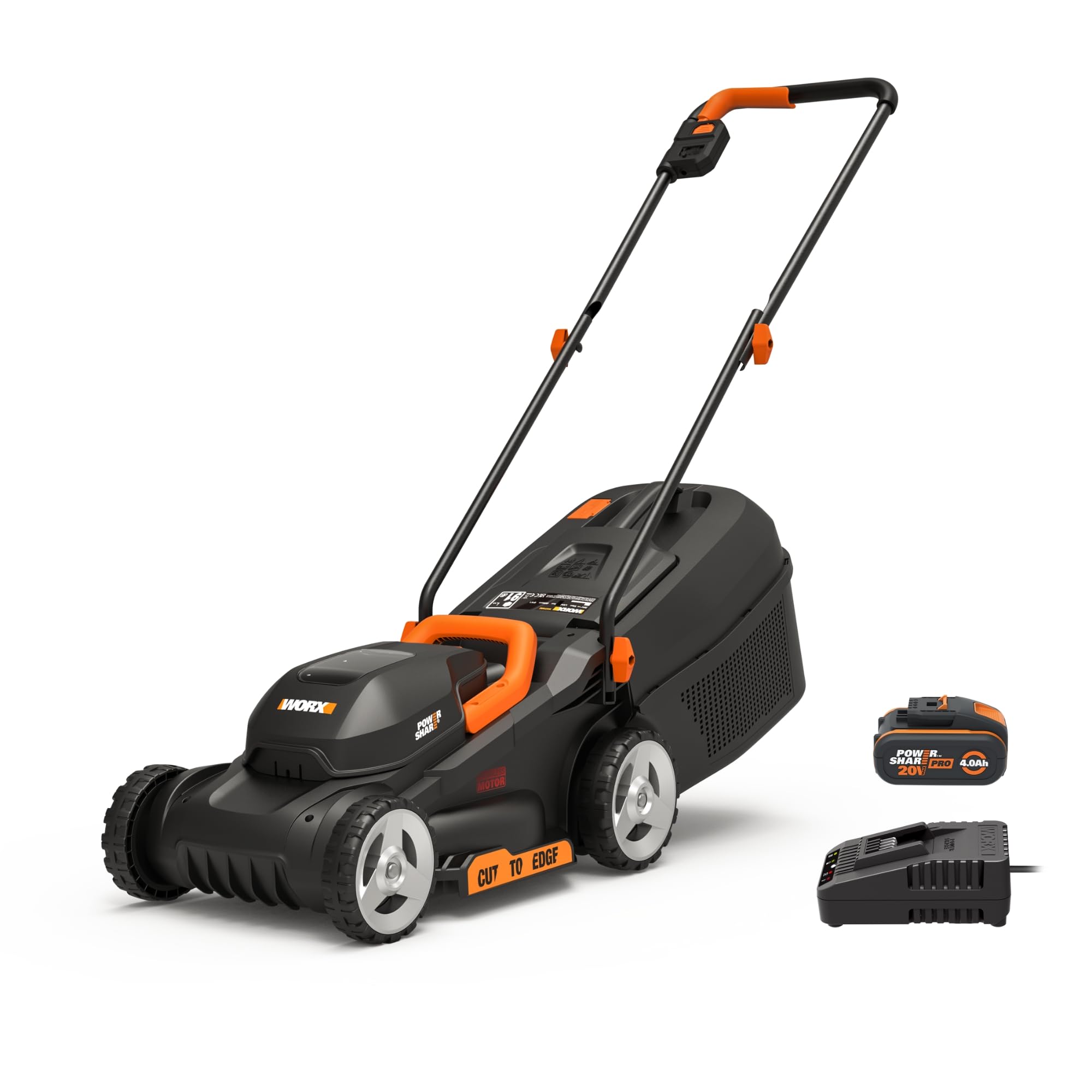 WORX WG737E 40V Cordless Lawnmower, Max Surface 600 m², 37 cm Blade, 40L Bag, Cut to Edges, 6 Cutting Heights, Comes with 2 x 4Ah Batteries and Double Fast Charger