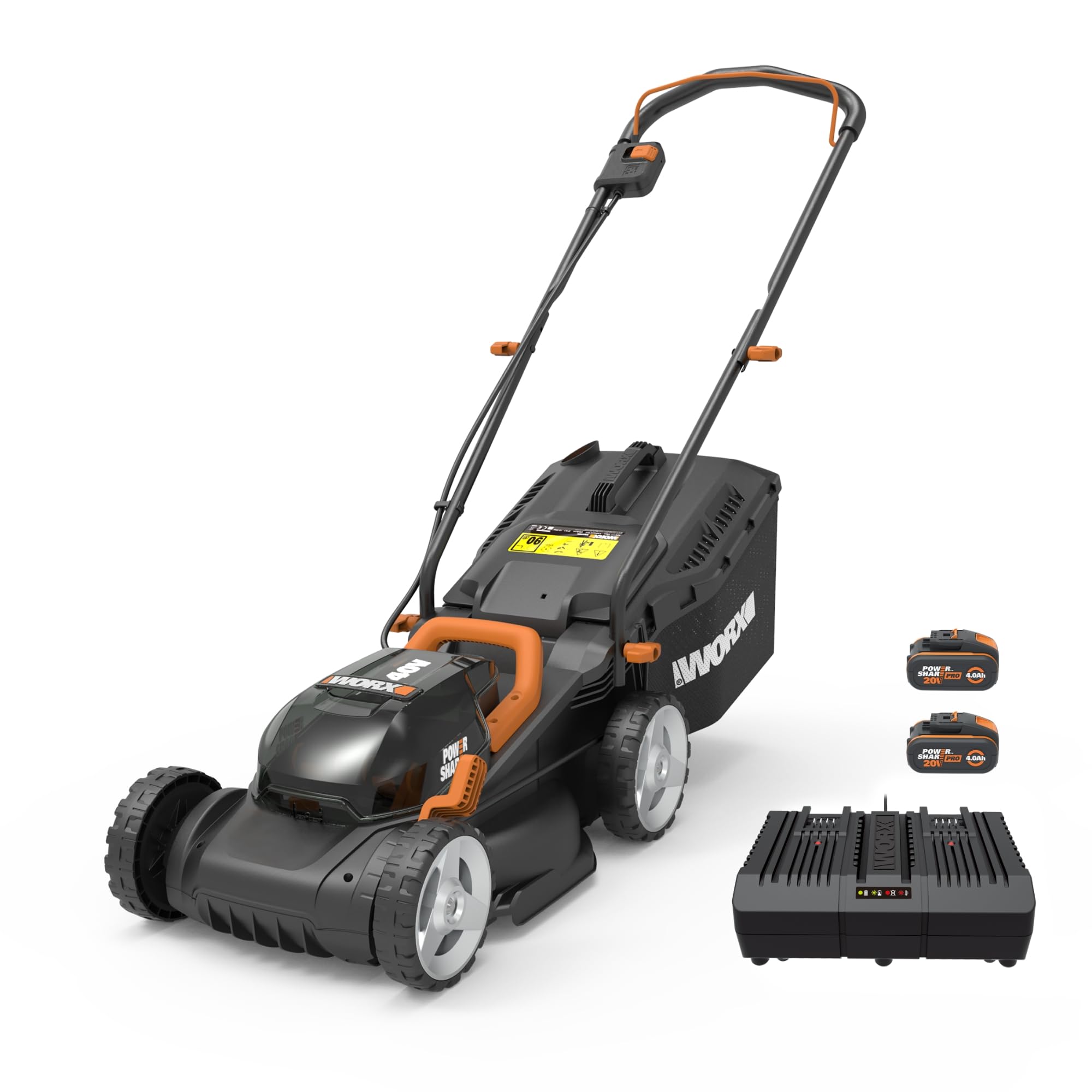 WORX WG749E 40V Brushless Cordless Self-Propelled Lawnmower, Up to 500 m² on a Charge, Diam. 46 cm, Cuts to Edges, 55 L Bag, Mulching, Comes with 2 x 4Ah Batteries and Charger