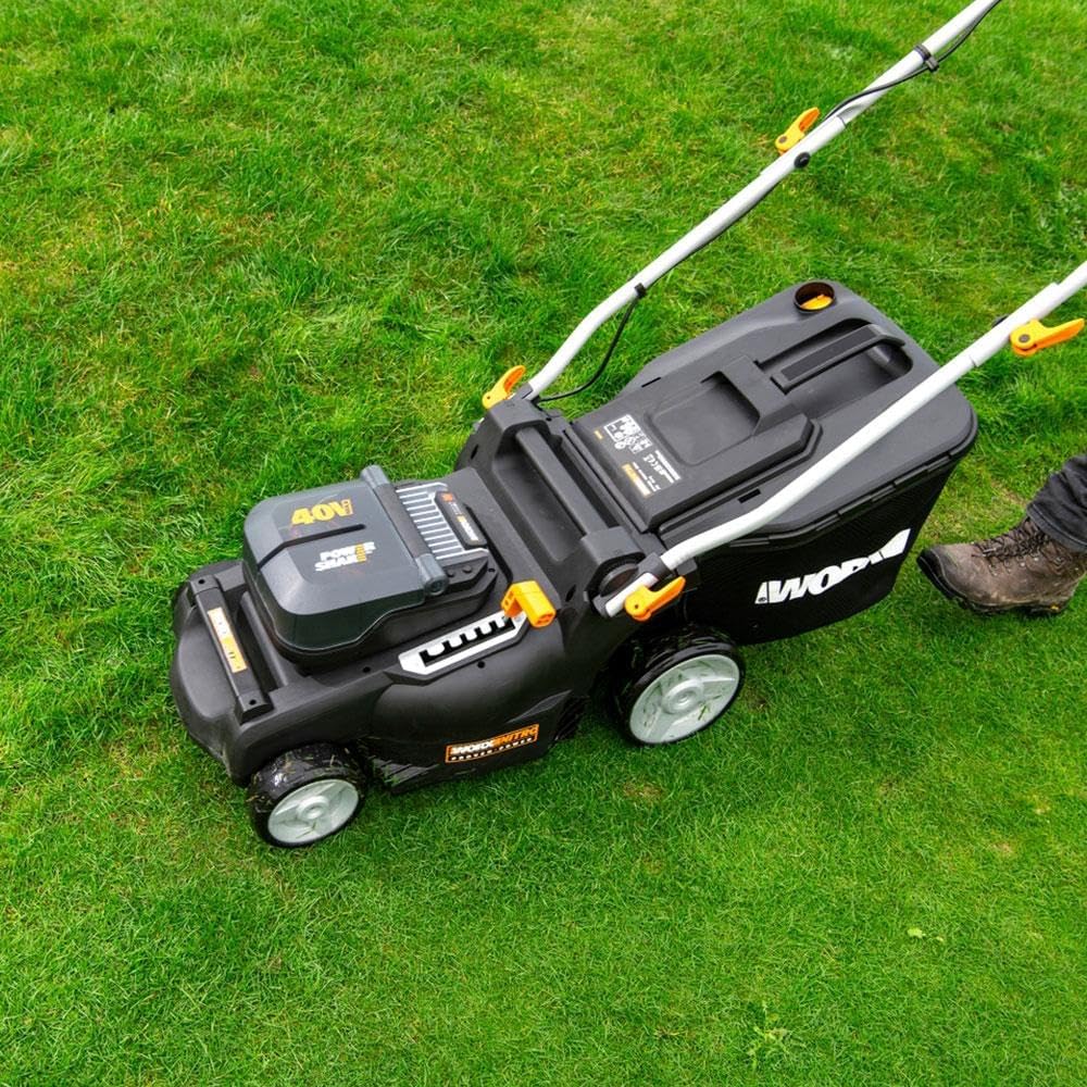 WORX WG737E 40V Cordless Lawnmower, Max Surface 600 m², 37 cm Blade, 40L Bag, Cut to Edges, 6 Cutting Heights, Comes with 2 x 4Ah Batteries and Double Fast Charger