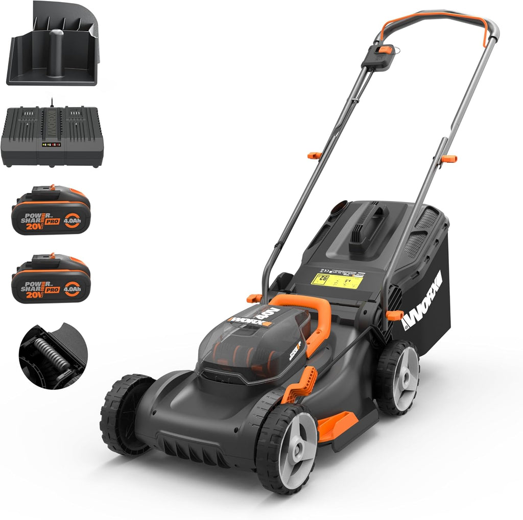 WORX Cordless Lawnmower 40 V (2 x 20 V) Max 40 cm WG734E Ideal for Garden up to 500 m², Powershare, 4 Ah, IntelliCut Technology 20-80 mm Cutting Height