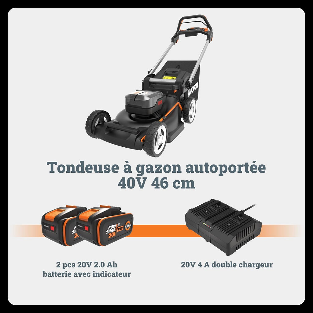 WORX WG749E 40V Brushless Cordless Self-Propelled Lawnmower, Up to 500 m² on a Charge, Diam. 46 cm, Cuts to Edges, 55 L Bag, Mulching, Comes with 2 x 4Ah Batteries and Charger