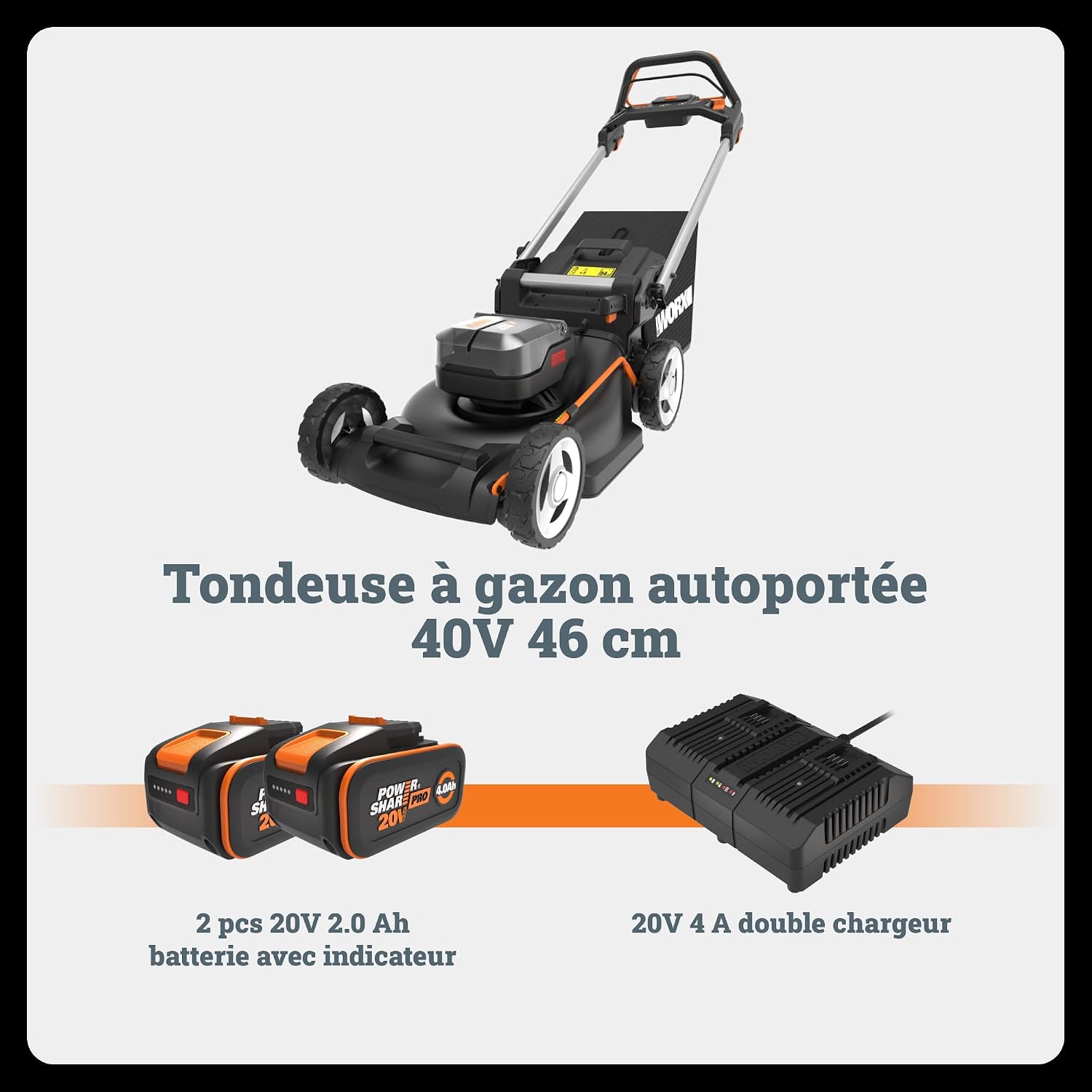 WORX WG749E 40V Brushless Cordless Self-Propelled Lawnmower, Up to 500 m² on a Charge, Diam. 46 cm, Cuts to Edges, 55 L Bag, Mulching, Comes with 2 x 4Ah Batteries and Charger