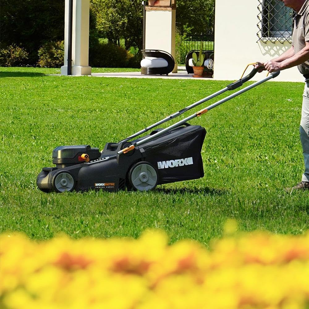 WORX WG737E 40V Cordless Lawnmower, Max Surface 600 m², 37 cm Blade, 40L Bag, Cut to Edges, 6 Cutting Heights, Comes with 2 x 4Ah Batteries and Double Fast Charger