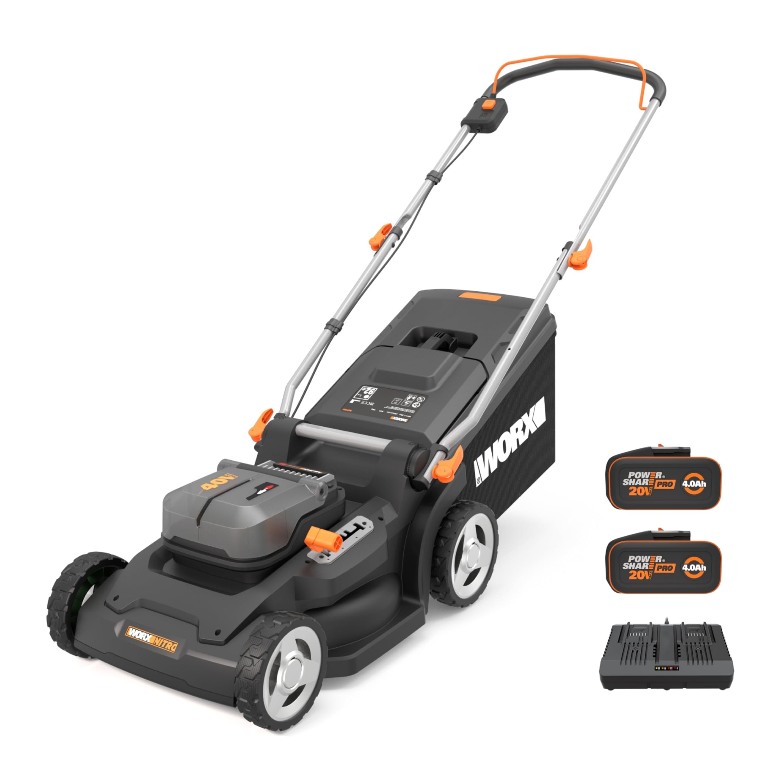 WORX WG737E 40V Cordless Lawnmower, Max Surface 600 m², 37 cm Blade, 40L Bag, Cut to Edges, 6 Cutting Heights, Comes with 2 x 4Ah Batteries and Double Fast Charger