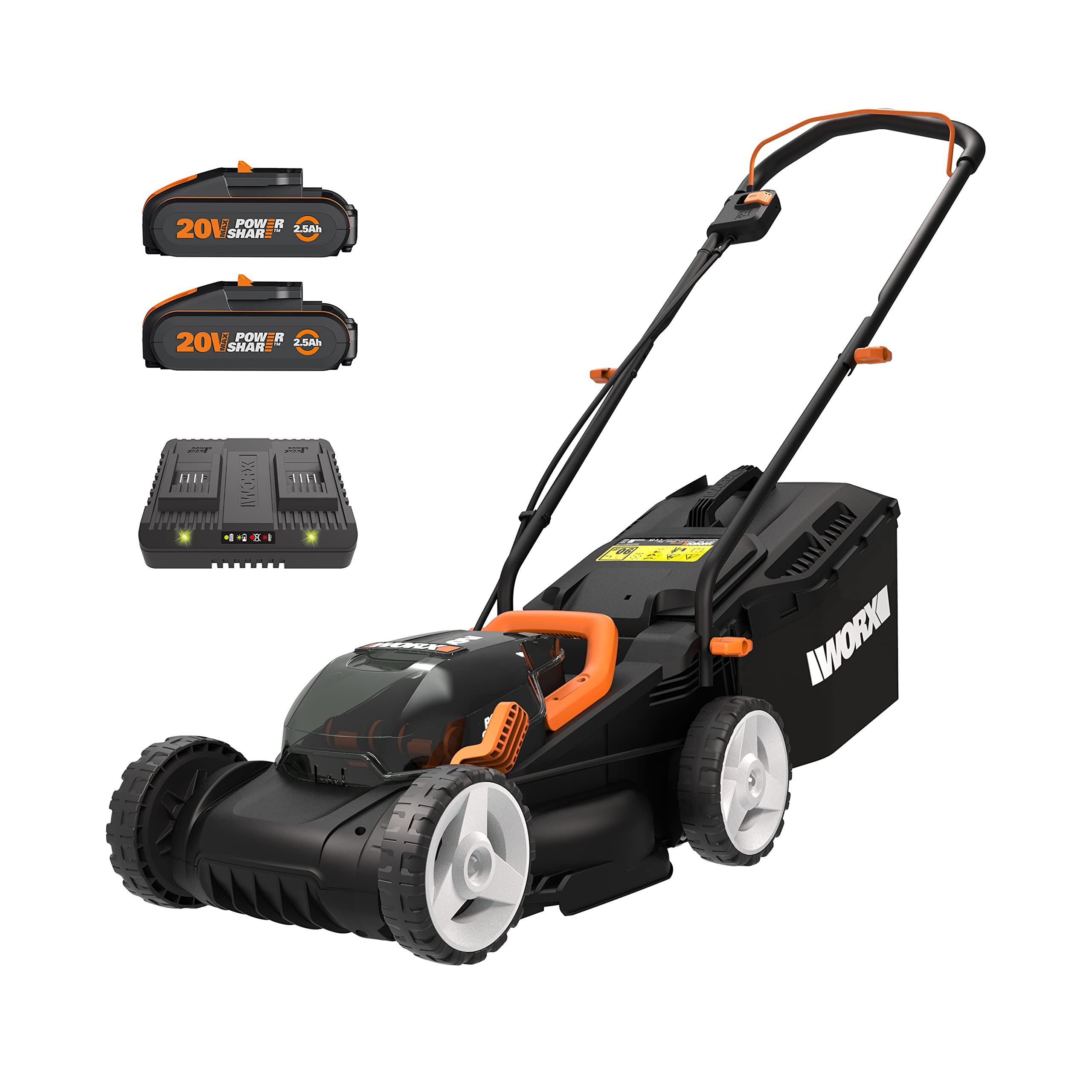 WORX WG737E 40V Cordless Lawnmower, Max Surface 600 m², 37 cm Blade, 40L Bag, Cut to Edges, 6 Cutting Heights, Comes with 2 x 4Ah Batteries and Double Fast Charger