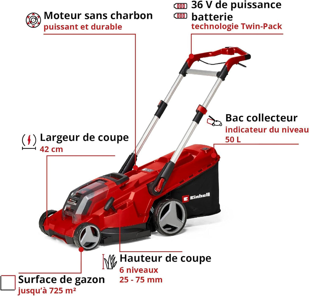 Einhell RASARRO 36/42 Professional Cordless Lawnmower Power X-Change Kit (36V, Cutting Width: 42cm, Tray 50L, Carbon Free Motor) Comes with 2 x 5.2 Ah Batteries + Dual Charger