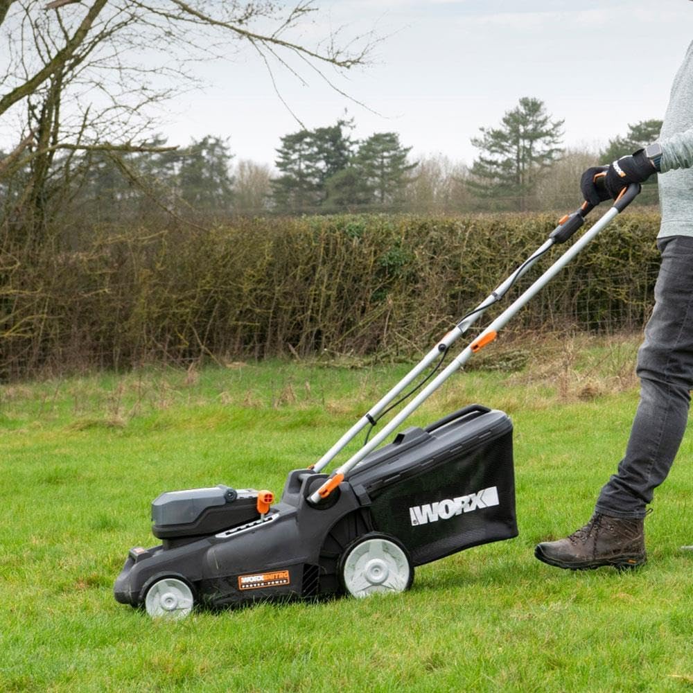 WORX WG737E 40V Cordless Lawnmower, Max Surface 600 m², 37 cm Blade, 40L Bag, Cut to Edges, 6 Cutting Heights, Comes with 2 x 4Ah Batteries and Double Fast Charger