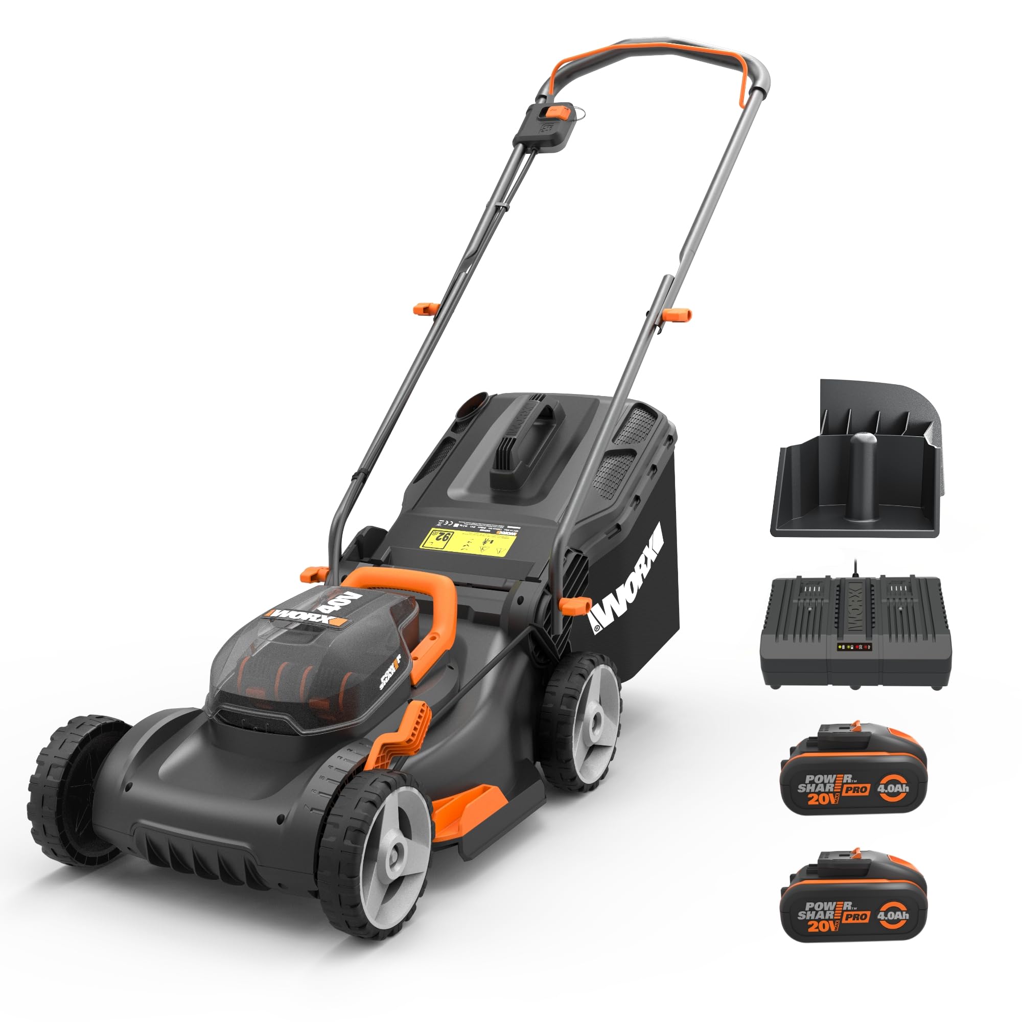 WORX WG737E 40V Cordless Lawnmower, Max Surface 600 m², 37 cm Blade, 40L Bag, Cut to Edges, 6 Cutting Heights, Comes with 2 x 4Ah Batteries and Double Fast Charger