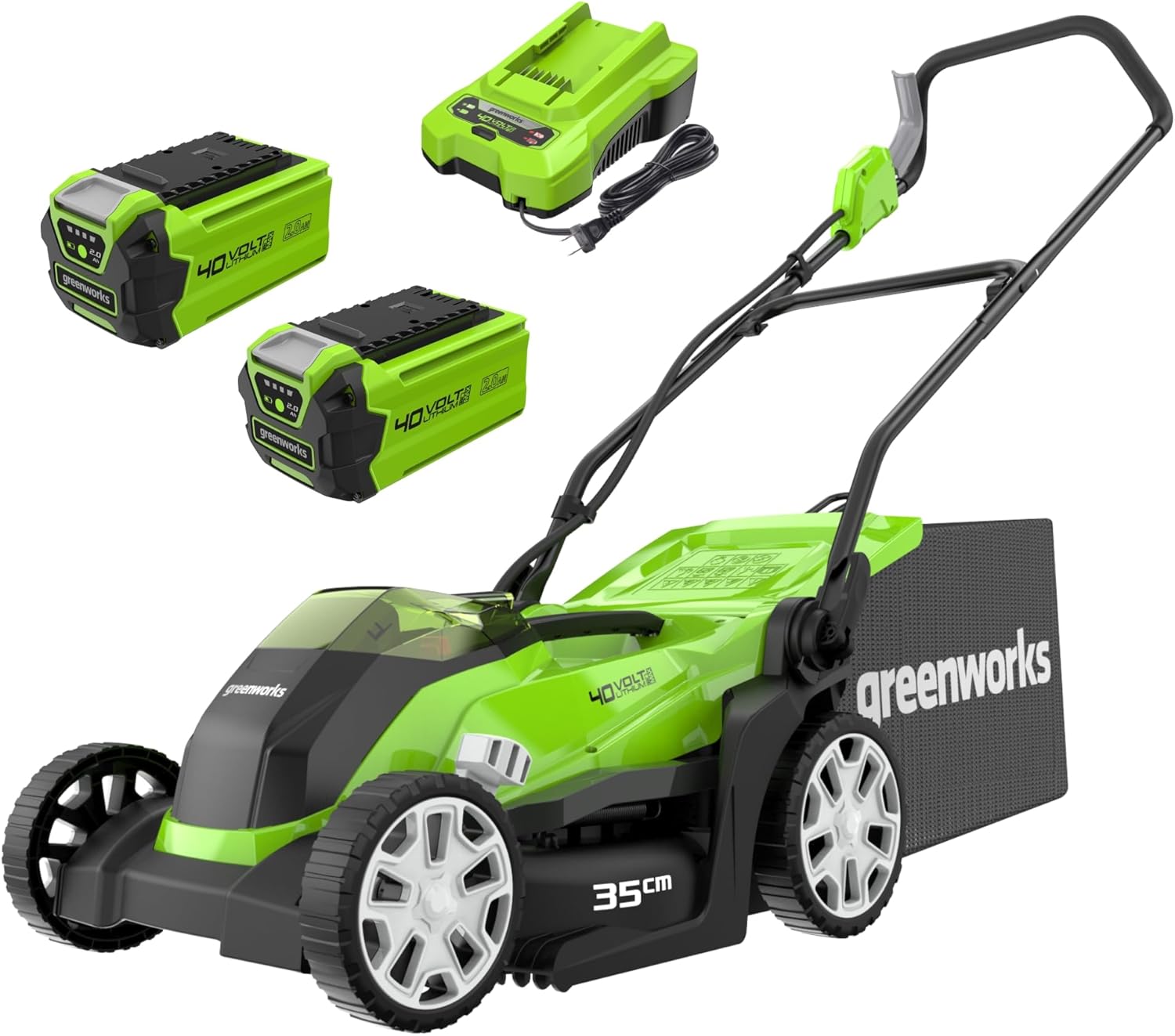 Greenworks G40LM35K2X 40V Cordless Lawnmower for Lawns up to 400 m², Cutting Width 35 cm, 40 L Bag, Included Two 40V 2Ah Batteries and One Charger, 3 Year Warranty