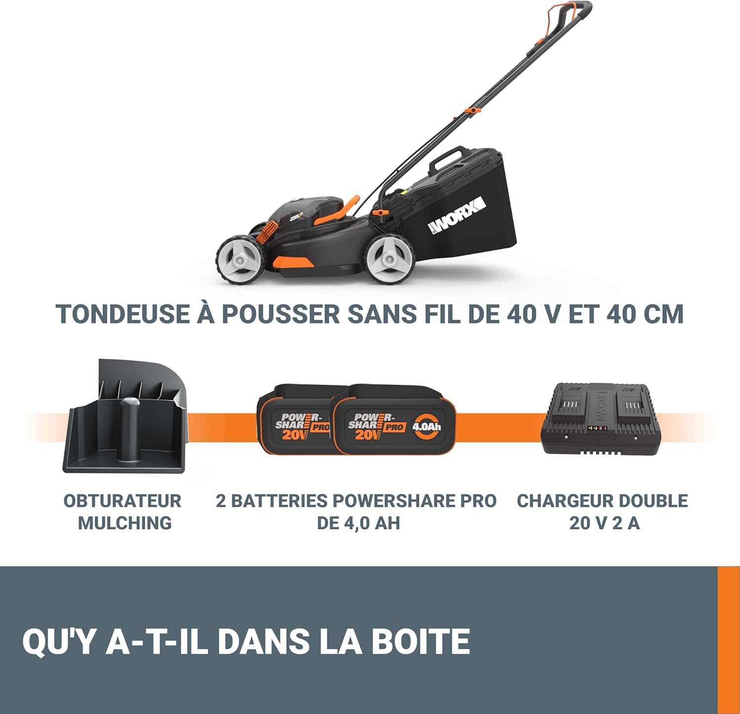 WORX Cordless Lawnmower 40 V (2 x 20 V) Max 40 cm WG734E Ideal for Garden up to 500 m², Powershare, 4 Ah, IntelliCut Technology 20-80 mm Cutting Height