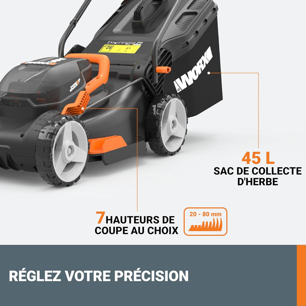 WORX Cordless Lawnmower 40 V (2 x 20 V) Max 40 cm WG734E Ideal for Garden up to 500 m², Powershare, 4 Ah, IntelliCut Technology 20-80 mm Cutting Height