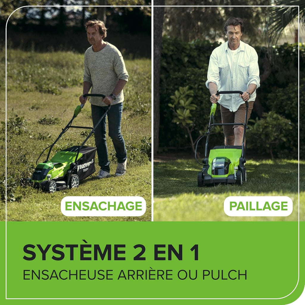 Greenworks G40LM35K2X 40V Cordless Lawnmower for Lawns up to 400 m², Cutting Width 35 cm, 40 L Bag, Included Two 40V 2Ah Batteries and One Charger, 3 Year Warranty
