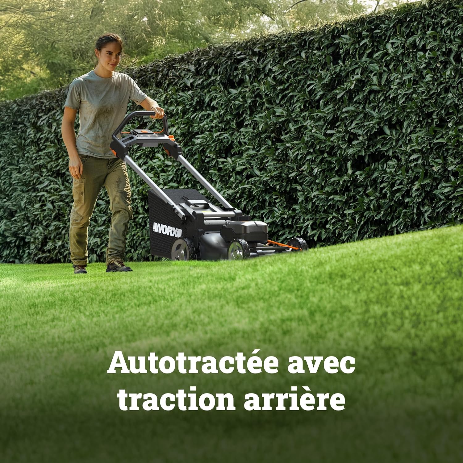 WORX WG749E 40V Brushless Cordless Self-Propelled Lawnmower, Up to 500 m² on a Charge, Diam. 46 cm, Cuts to Edges, 55 L Bag, Mulching, Comes with 2 x 4Ah Batteries and Charger