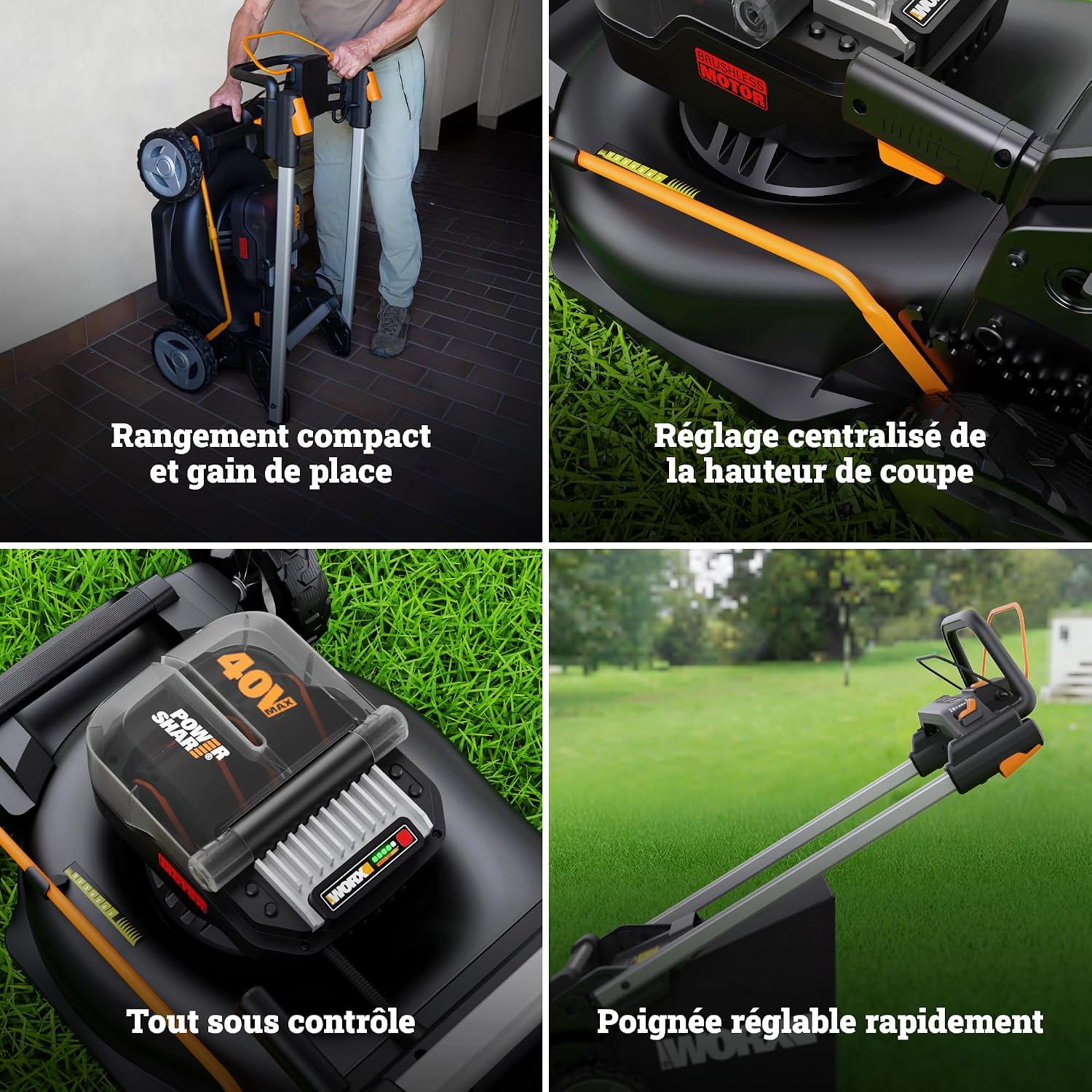 WORX WG749E 40V Brushless Cordless Self-Propelled Lawnmower, Up to 500 m² on a Charge, Diam. 46 cm, Cuts to Edges, 55 L Bag, Mulching, Comes with 2 x 4Ah Batteries and Charger