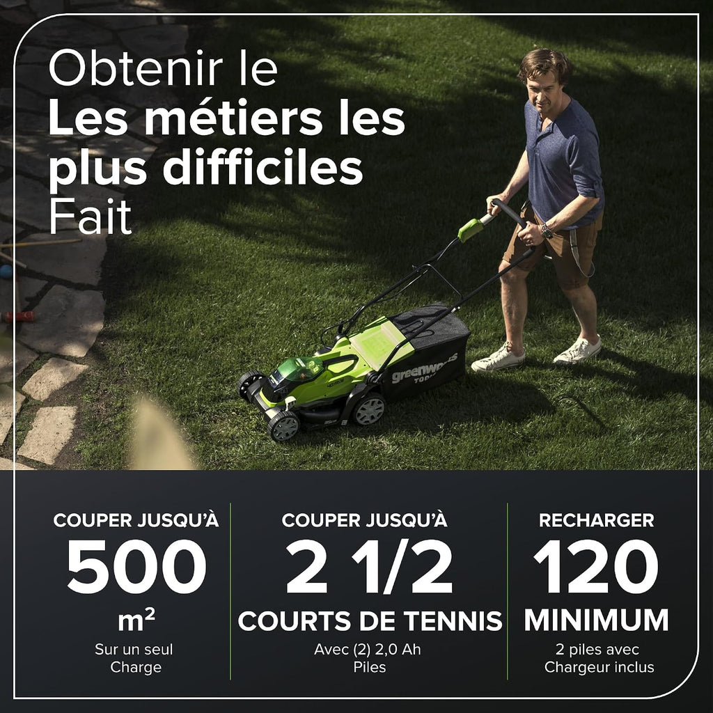 Greenworks G40LM35K2X 40V Cordless Lawnmower for Lawns up to 400 m², Cutting Width 35 cm, 40 L Bag, Included Two 40V 2Ah Batteries and One Charger, 3 Year Warranty