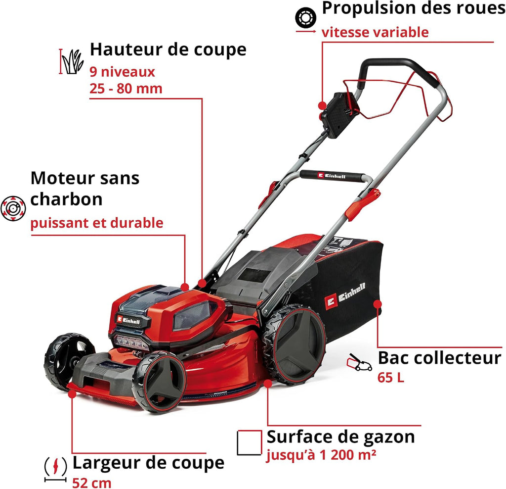 Einhell Professional Cordless Lawnmower GP-CM 36/52 S Li BL (4x5.2Ah) Power X-Change (36V, Brushless Motor, Cut to 52cm) Comes with 4 Batteries 5.2 Ah and 2 Dual Chargers