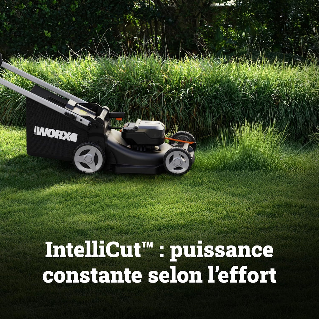 WORX WG749E 40V Brushless Cordless Self-Propelled Lawnmower, Up to 500 m² on a Charge, Diam. 46 cm, Cuts to Edges, 55 L Bag, Mulching, Comes with 2 x 4Ah Batteries and Charger