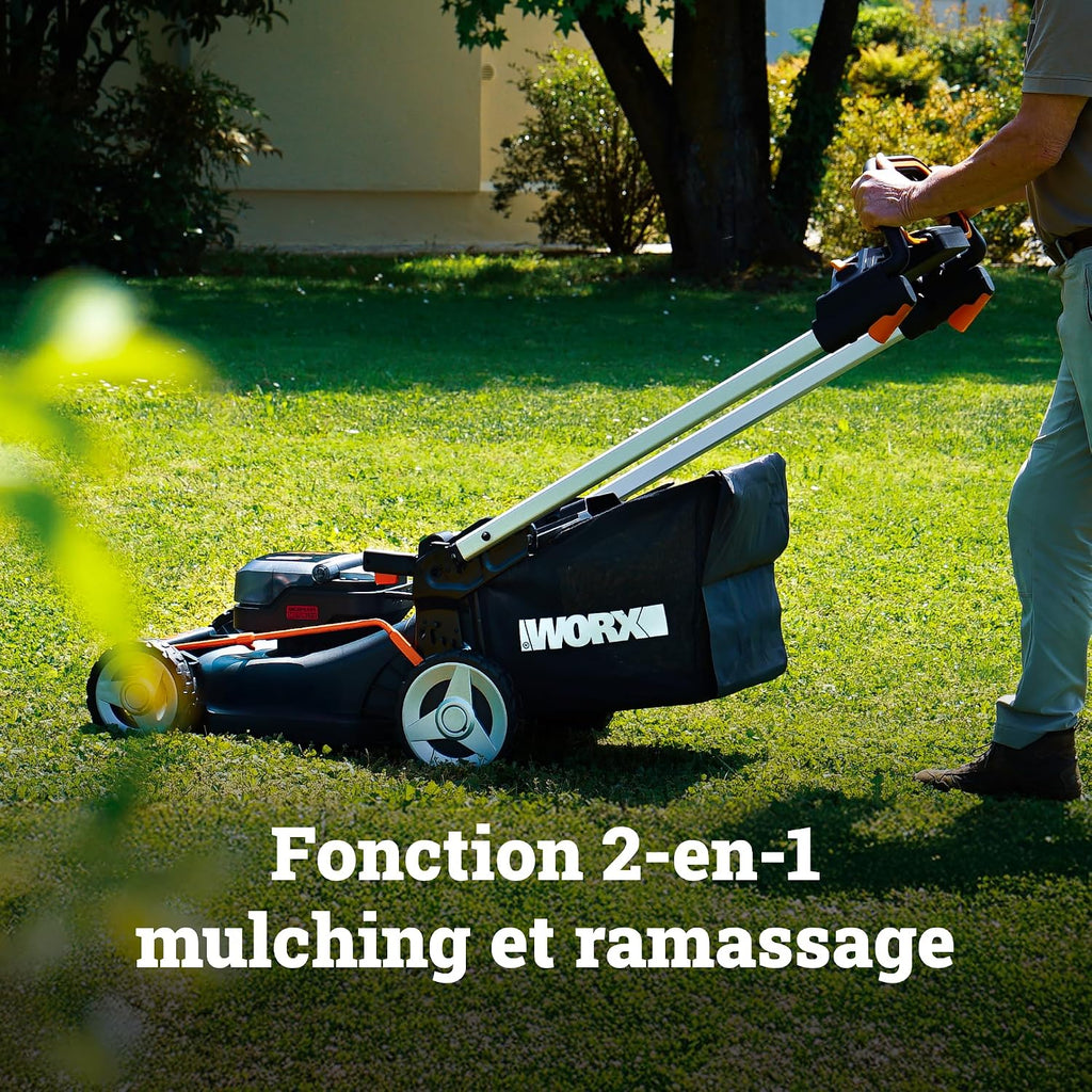 WORX WG749E 40V Brushless Cordless Self-Propelled Lawnmower, Up to 500 m² on a Charge, Diam. 46 cm, Cuts to Edges, 55 L Bag, Mulching, Comes with 2 x 4Ah Batteries and Charger