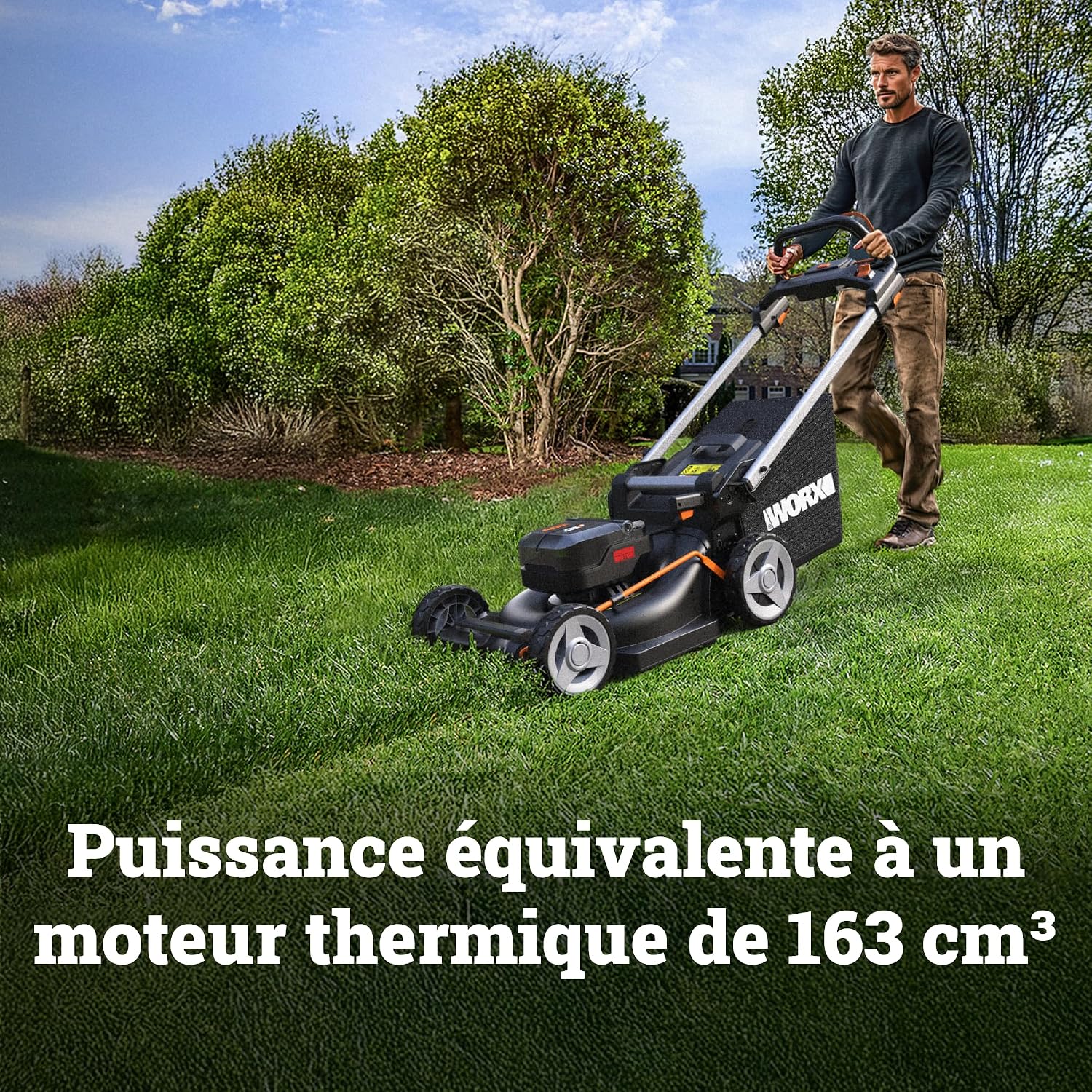 WORX WG749E 40V Brushless Cordless Self-Propelled Lawnmower, Up to 500 m² on a Charge, Diam. 46 cm, Cuts to Edges, 55 L Bag, Mulching, Comes with 2 x 4Ah Batteries and Charger